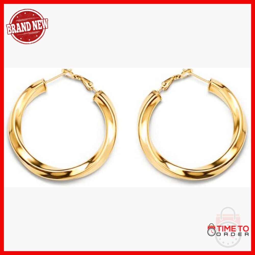 14K Gold Twisted Hoop Huggie Earrings, 1.18" Diameter, 8g